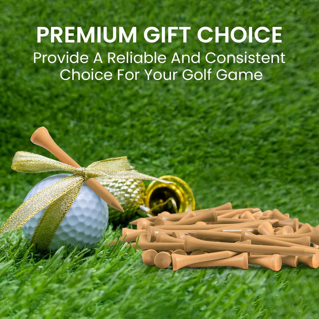 Bundle of natural wood golf tees on grass with a golf ball and ribbon bow