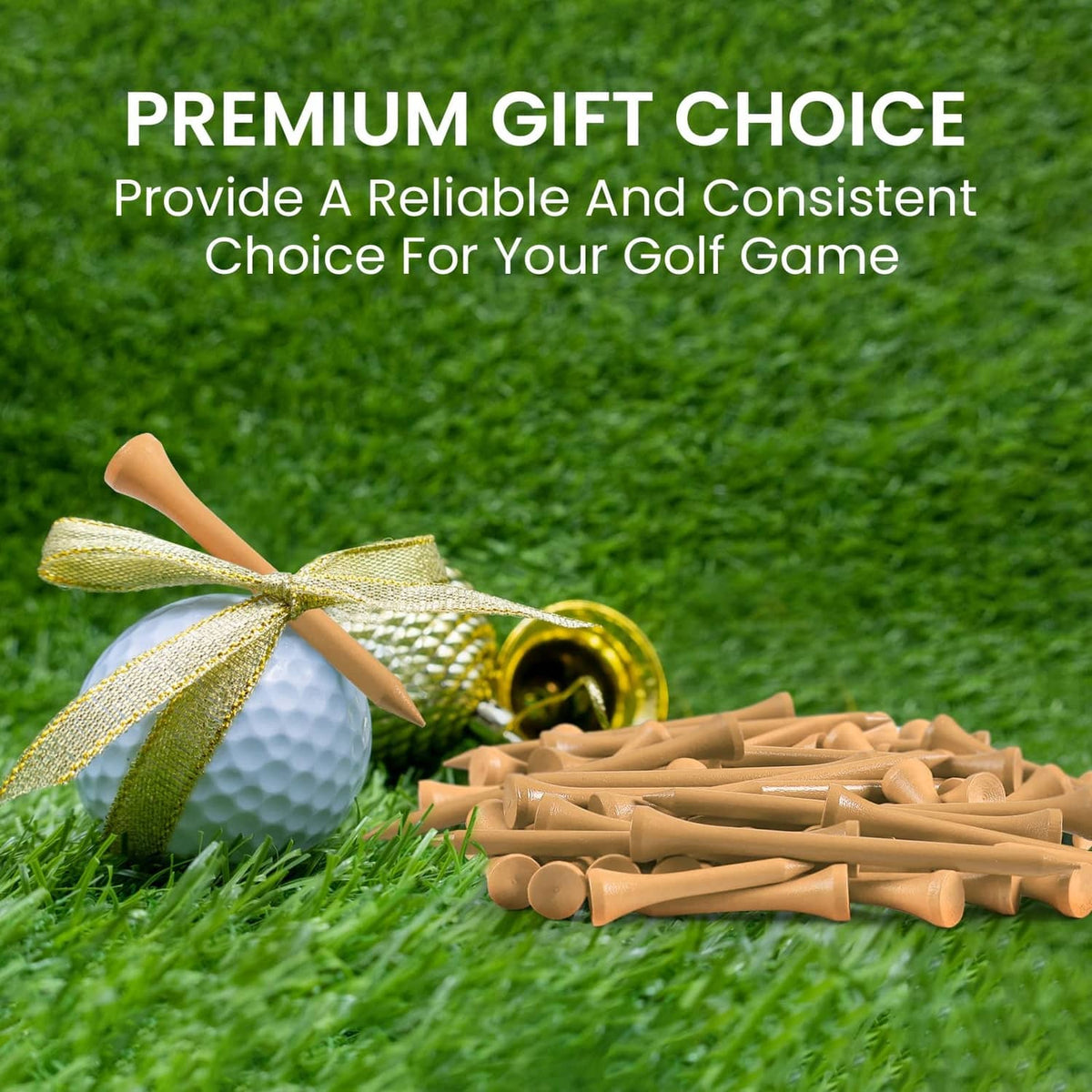 Bundle of natural wood golf tees on grass with a golf ball and ribbon bow