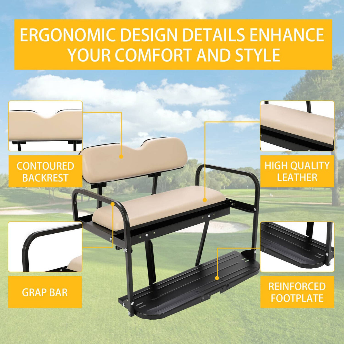 Tan contoured backrest and reinforced footplate on black metal folding rear seat