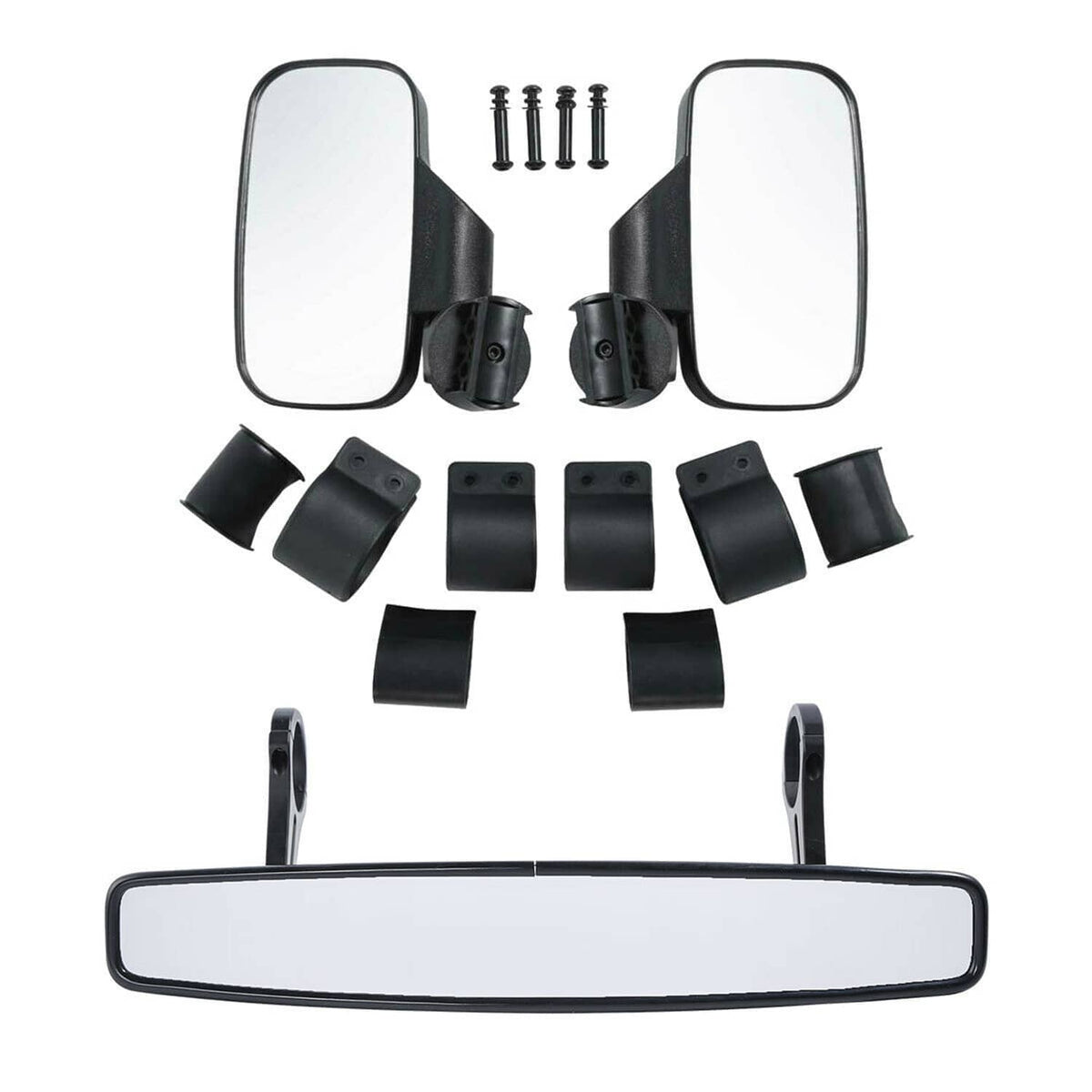 UTV side mirror set with center rearview mirror, black brackets and clear glass