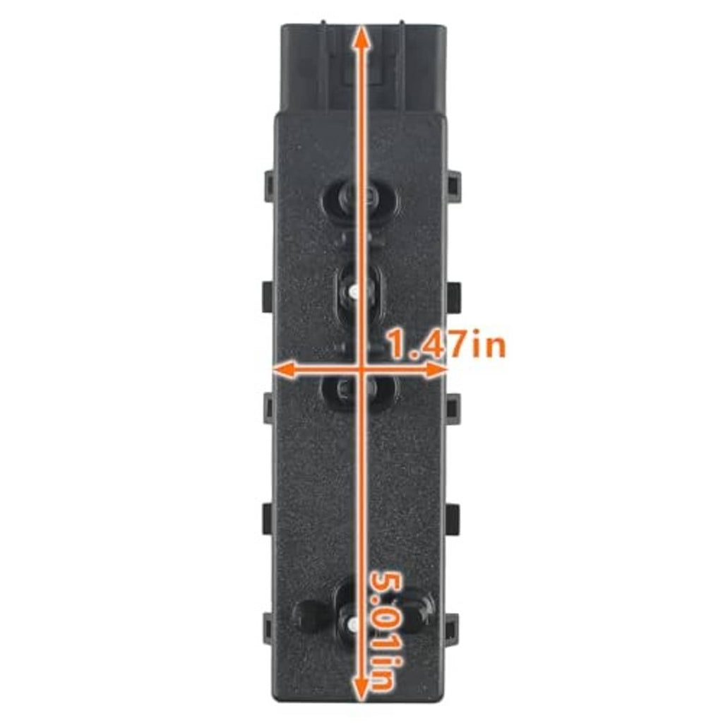 Power seat switch module with highlighted size measurements and connector layout, black plastic