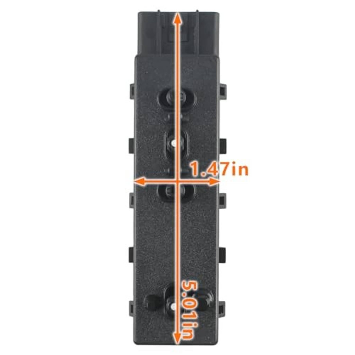 Power seat switch module with highlighted size measurements and connector layout, black plastic