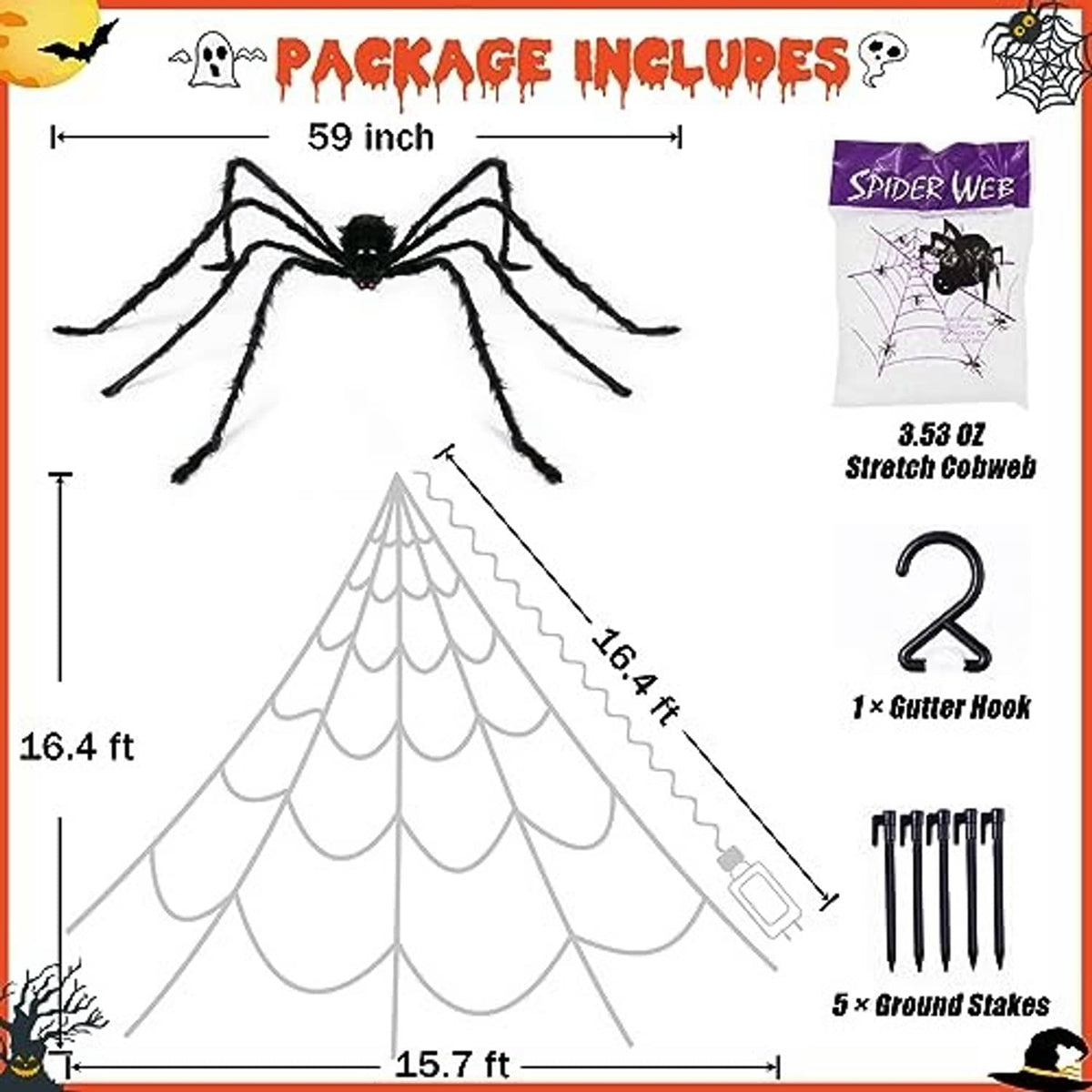 Halloween spider web lights kit with black spider, white web net, and ground stakes