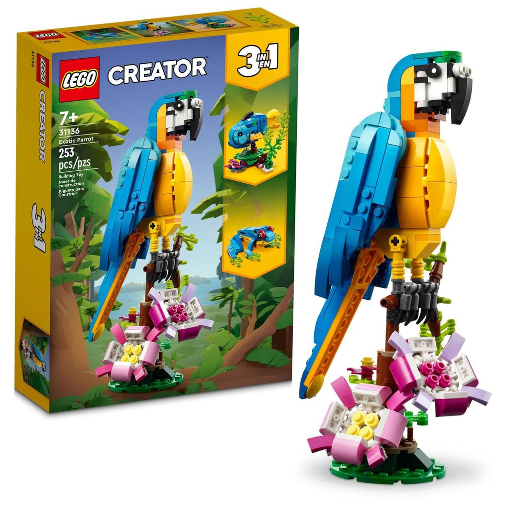 LEGO Creator 3-in-1 parrot build: blue and yellow bird with pink flowers on base