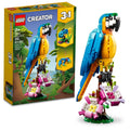 LEGO Creator 3-in-1 parrot build: blue and yellow bird with pink flowers on base