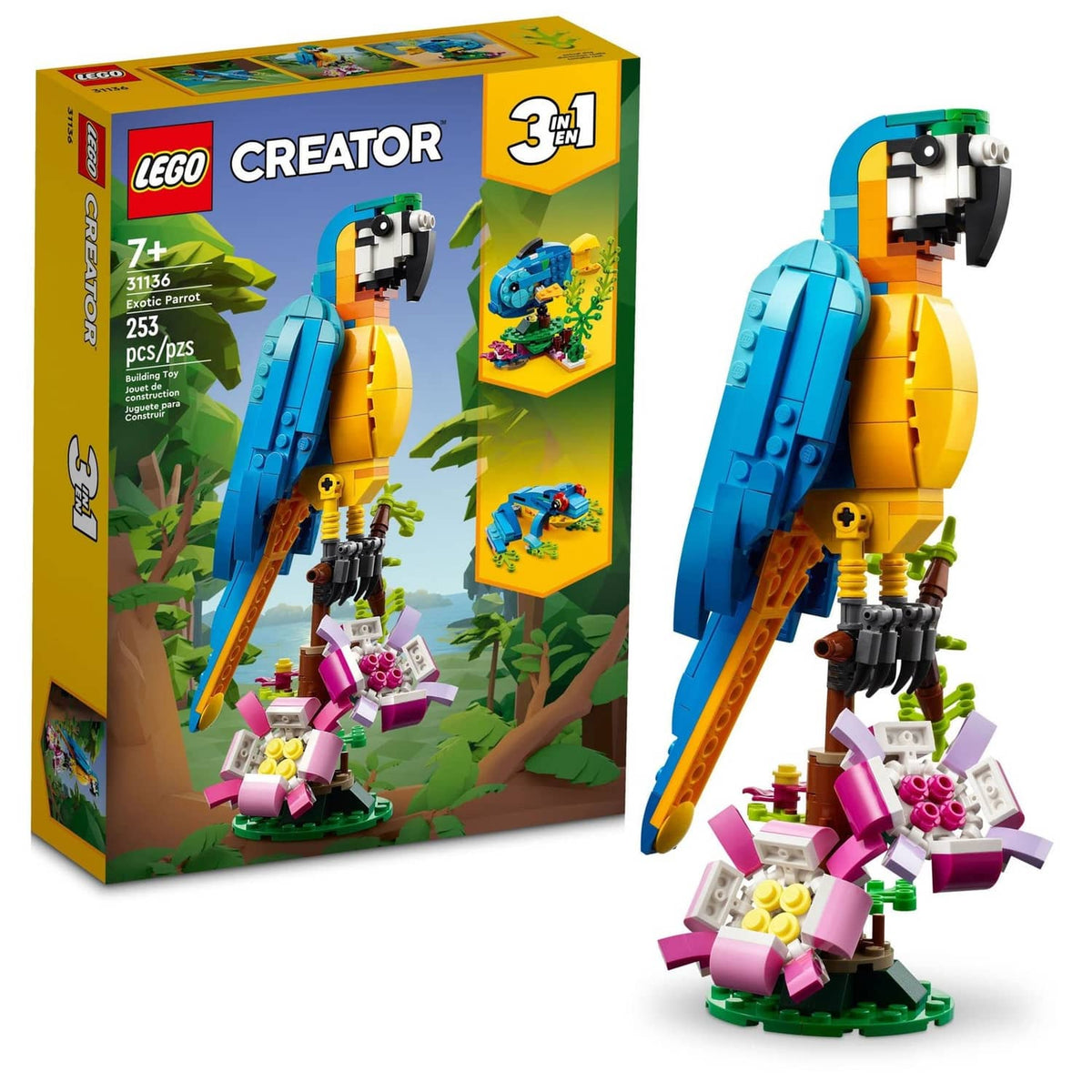 LEGO Creator 3-in-1 parrot build: blue and yellow bird with pink flowers on base