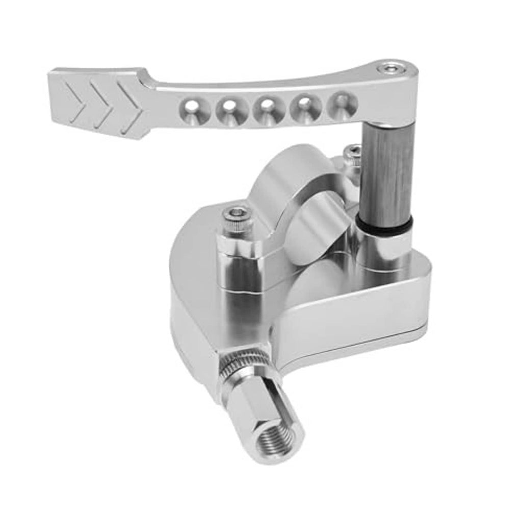 Silver thumb throttle lever controller with billet base, cylindrical post, and screws