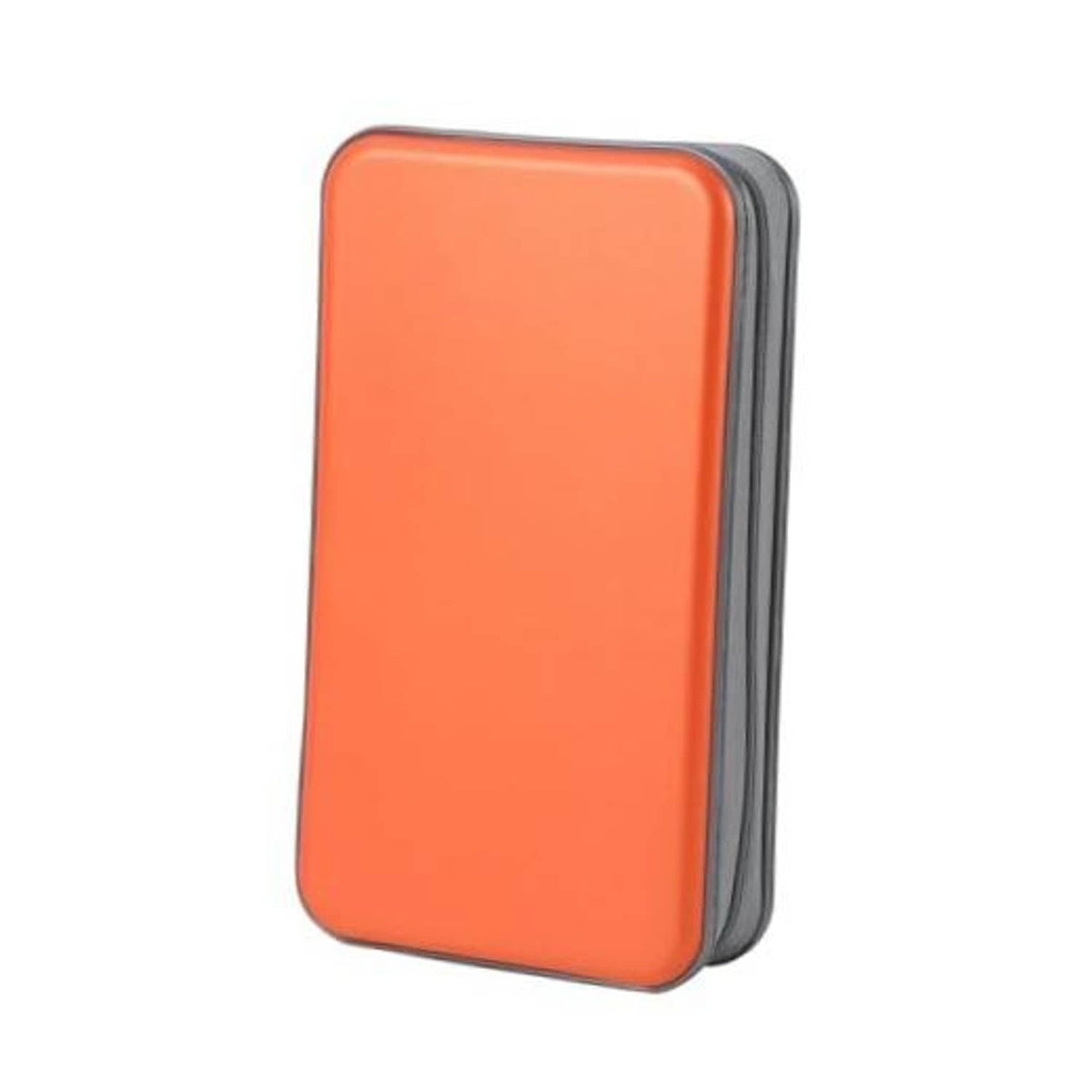 Orange hard-shell CD/DVD case with gray trim and zipper closure