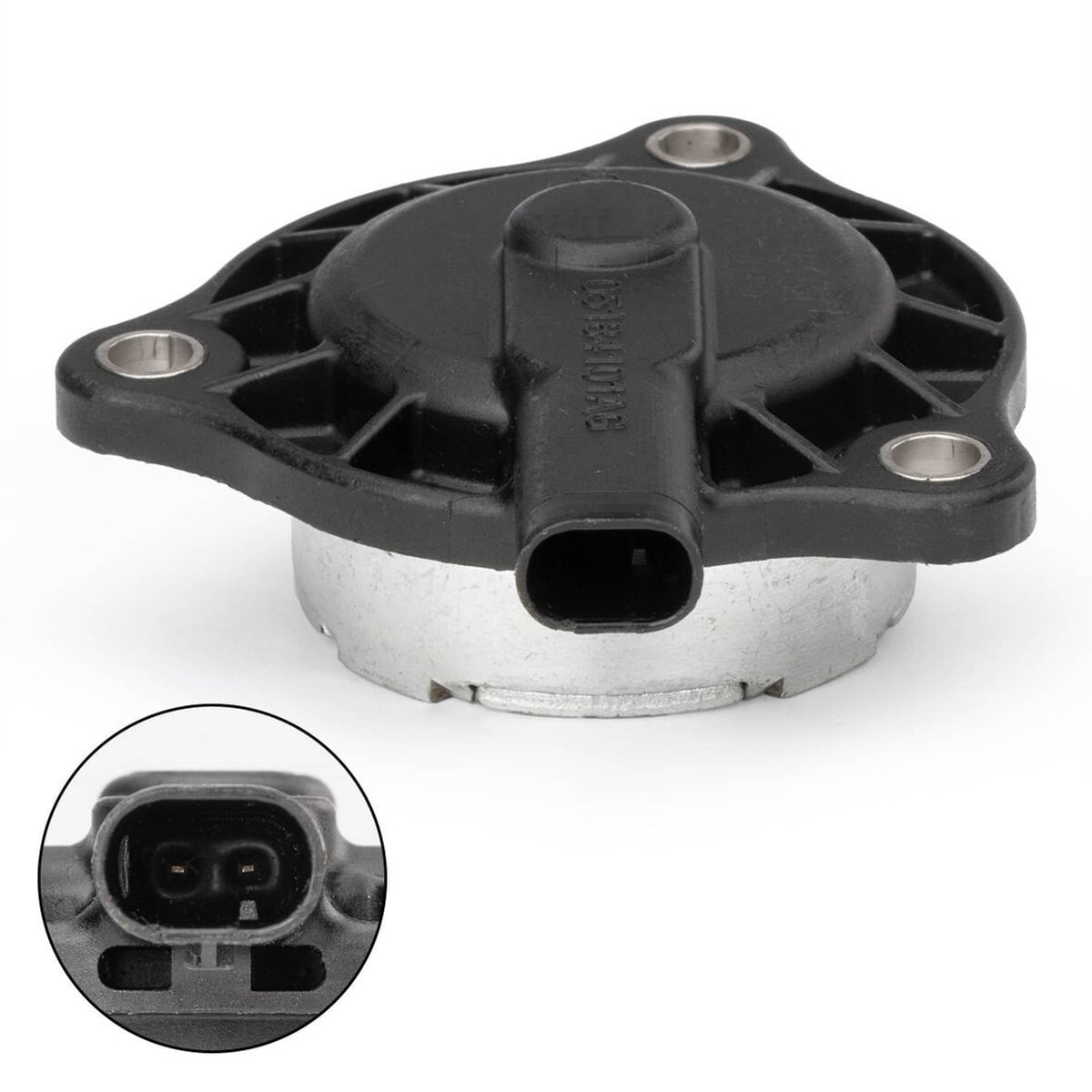 Camshaft phaser actuator position sensor with black connector and silver metal housing