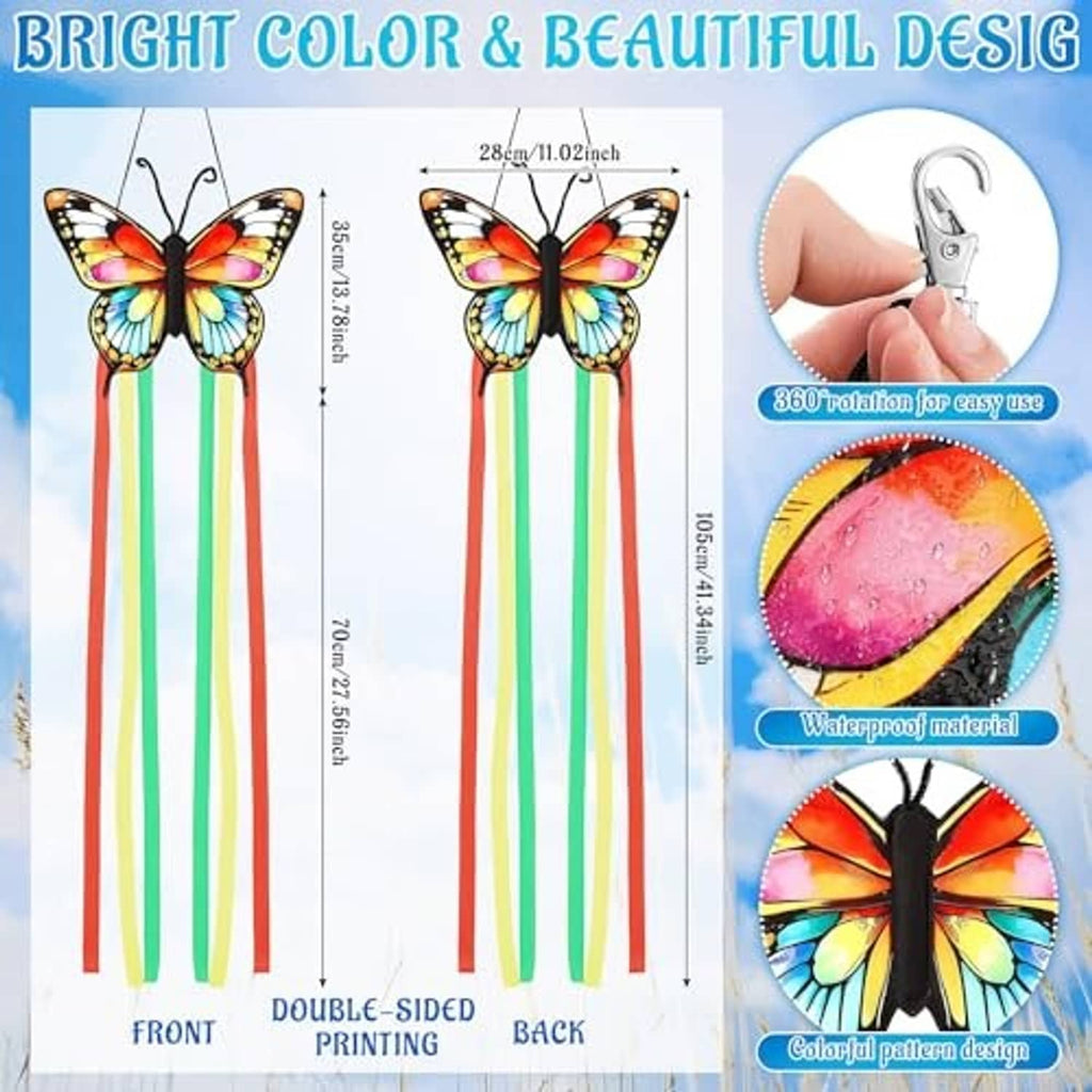 Butterfly windsock showing double-sided printed design with long rainbow ribbon tails