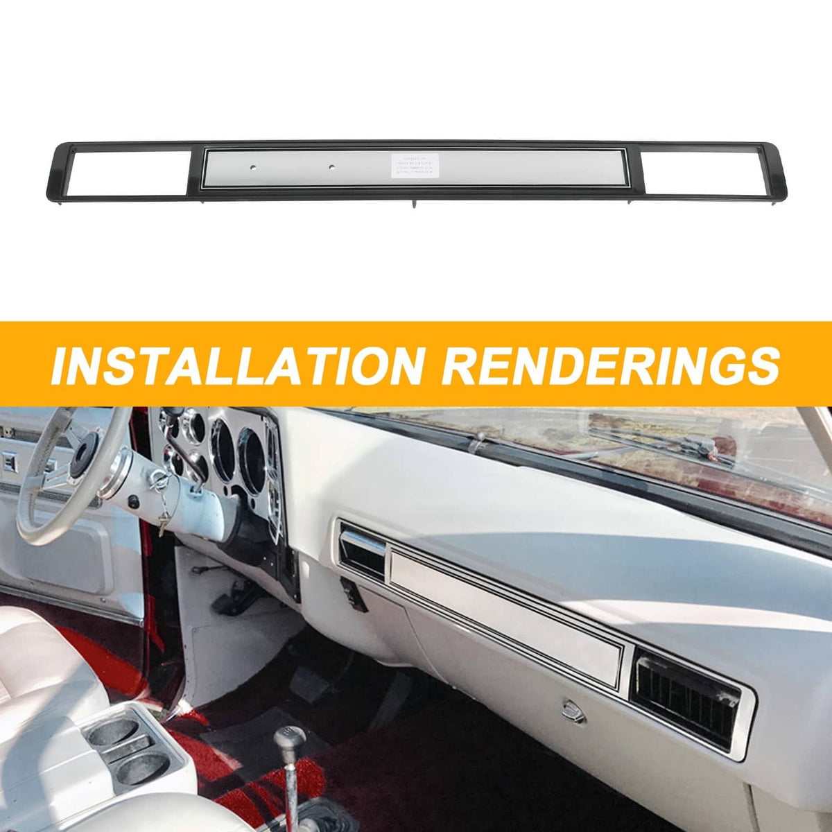 Dash A/C vent trim plate installed on dashboard, black frame and silver center