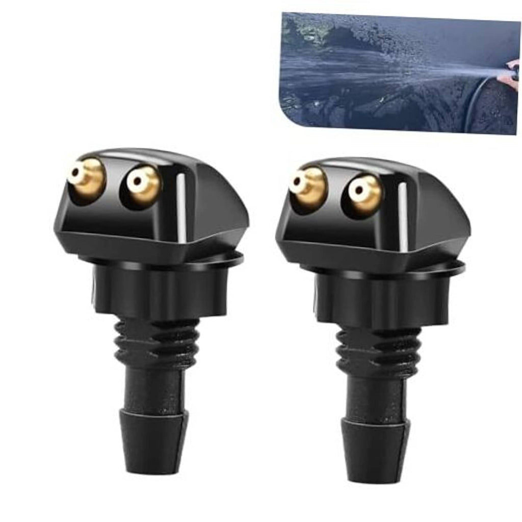 Pair of black windshield washer nozzles with brass double-hole sprayers, straight style.