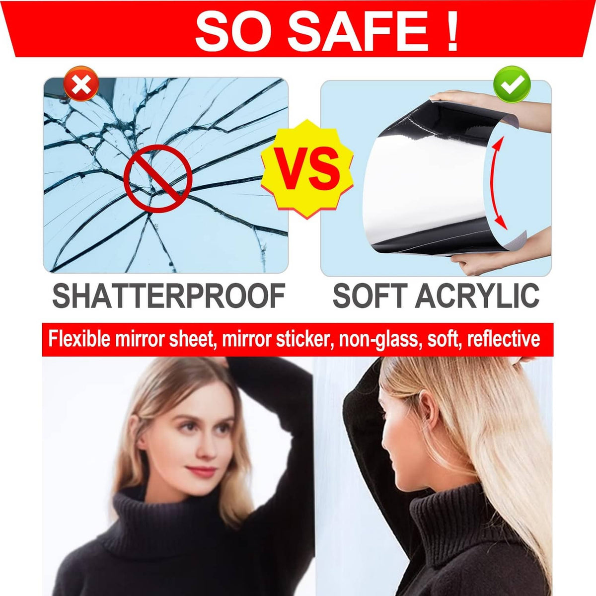 Silver flexible mirror sticker film roll, reflective non-glass design for walls