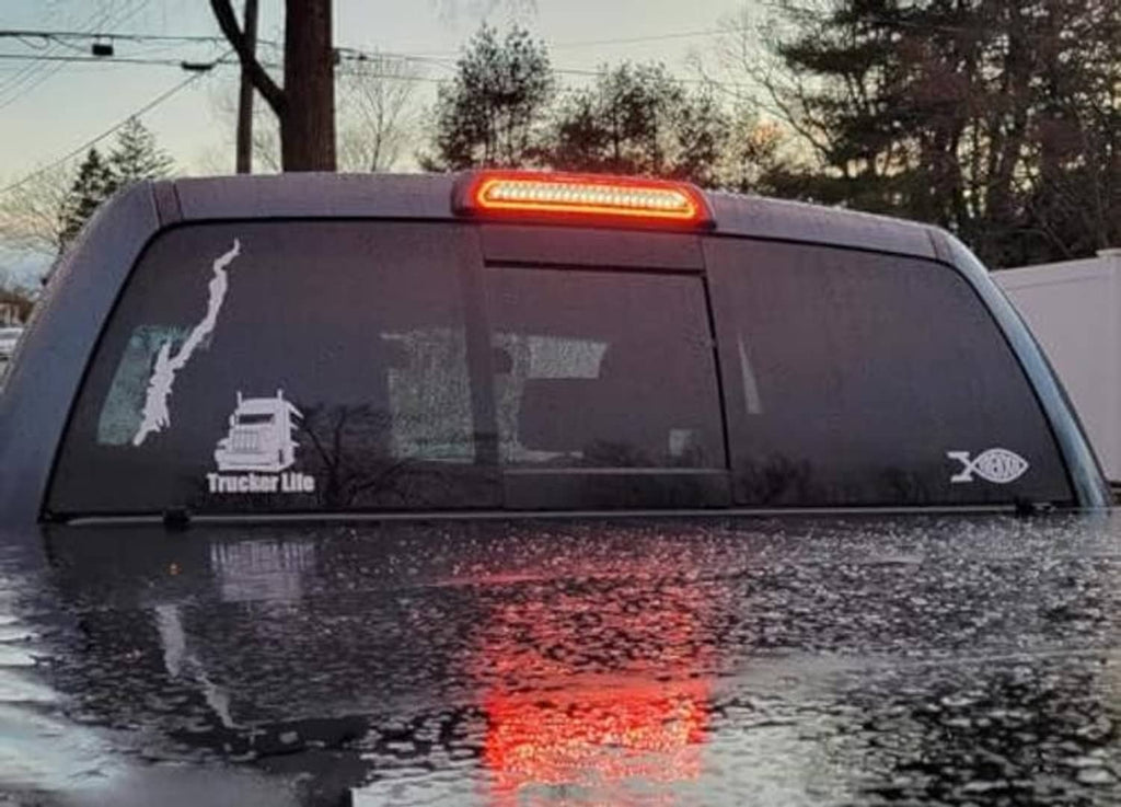 Red LED high mount third brake light above rear window on wet pickup