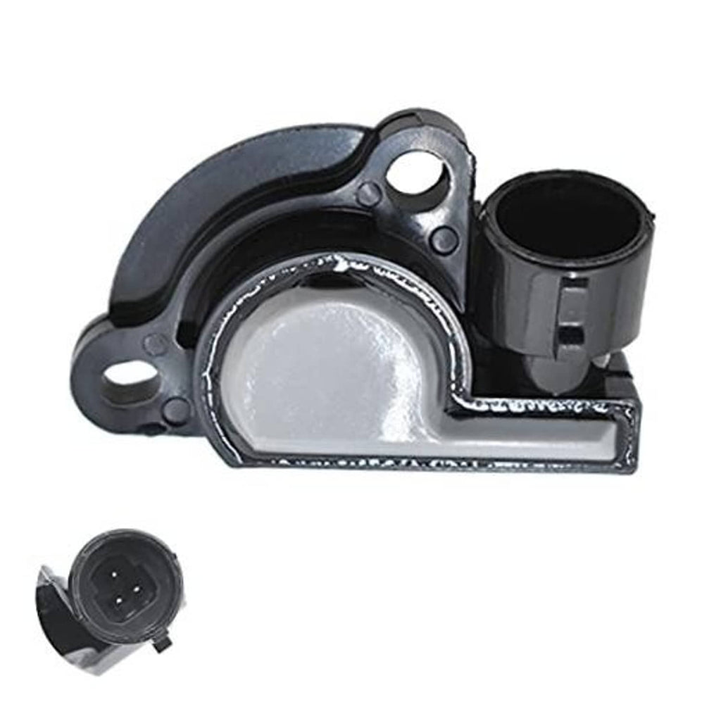 Throttle position sensor with black housing and gray metal plate, electrical connector attached