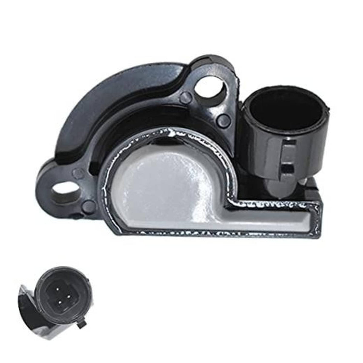 Throttle position sensor with black housing and gray metal plate, electrical connector attached