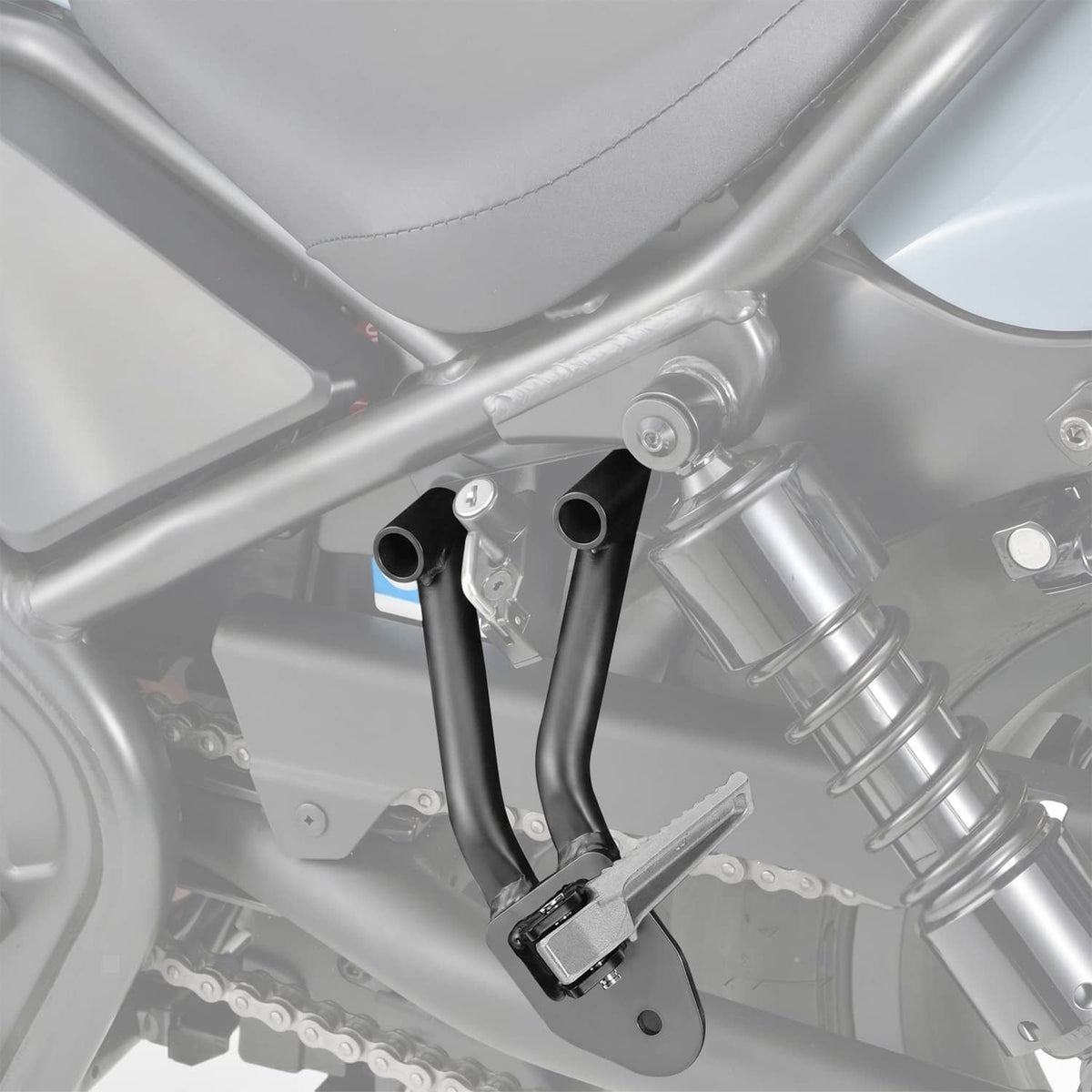 Rear footpeg mounting bracket with black metal frame and blue rubber insert