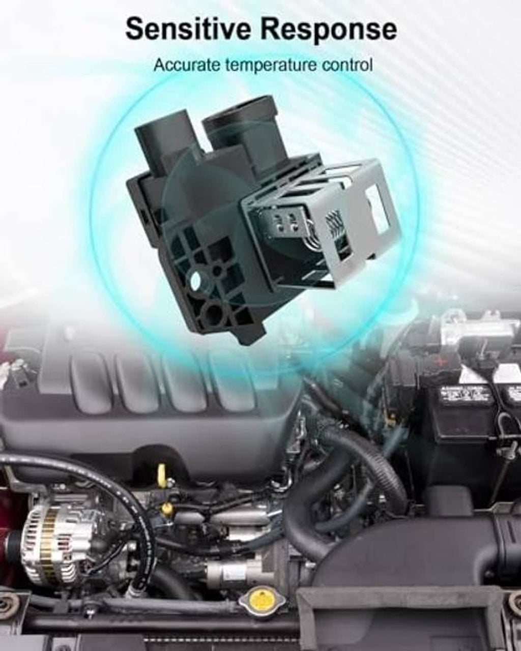 Black engine cooling fan relay with multi-pin terminals displayed above engine bay