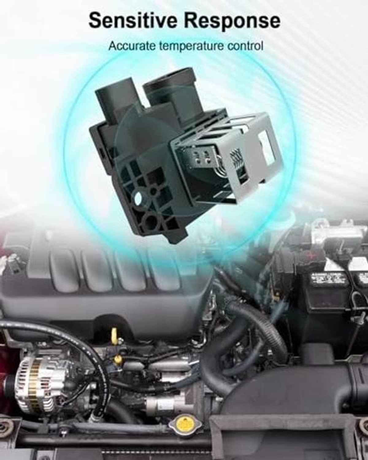 Black engine cooling fan relay with multi-pin terminals displayed above engine bay