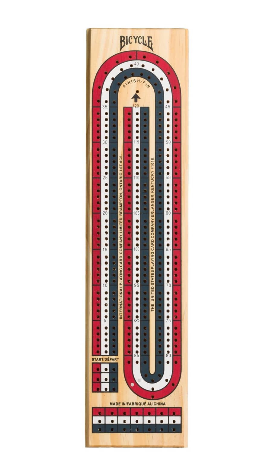 Bicycle wooden cribbage board with red and blue track lanes and arrow scoring pegs