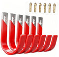 Set of red metal wall hooks with gray mounting plates and brass screws, 6-pack