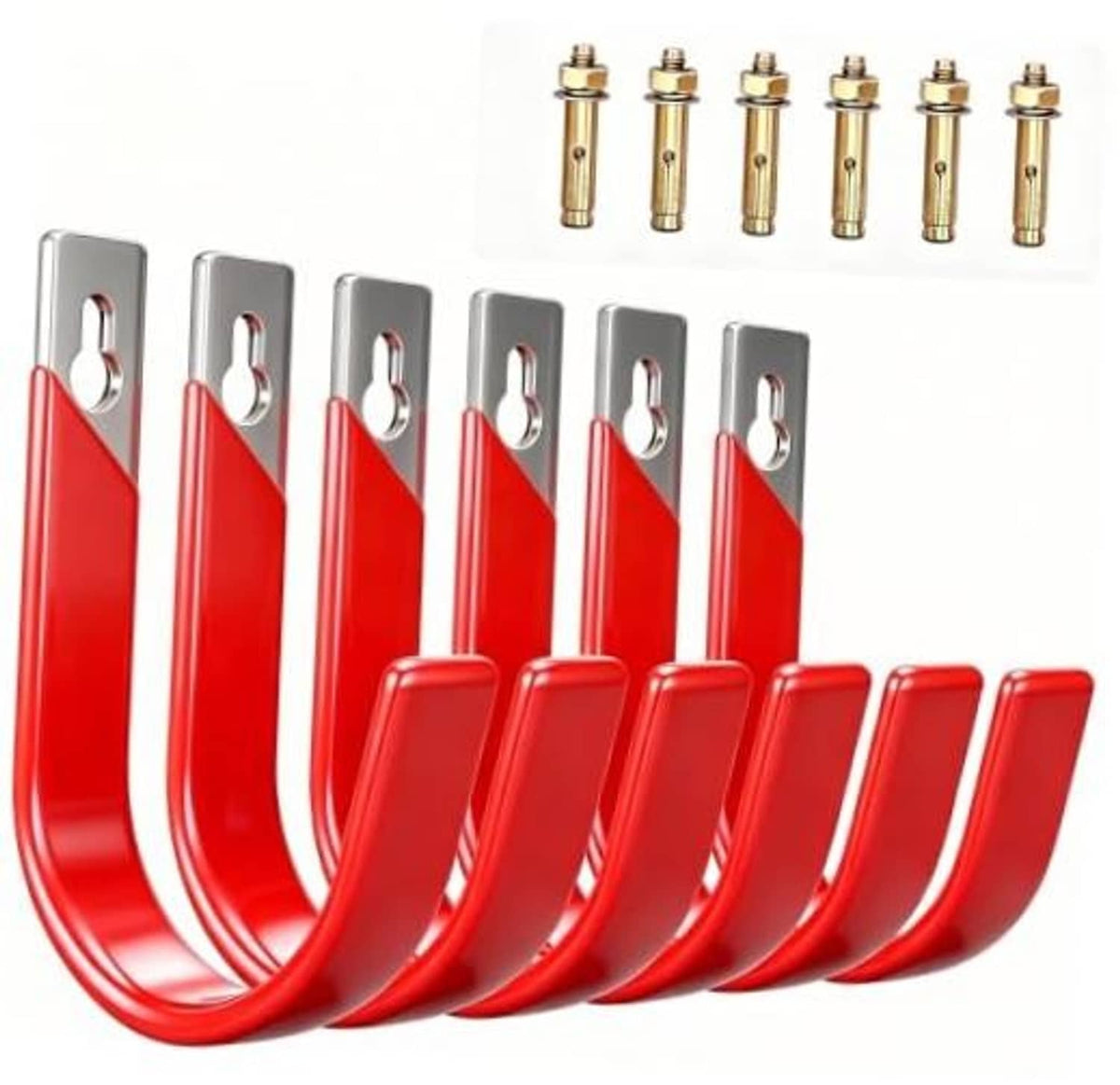 Set of red metal wall hooks with gray mounting plates and brass screws, 6-pack