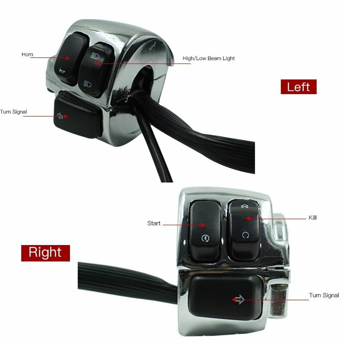 Motorcycle left and right handlebar switch controls with wiring harness, chrome finish