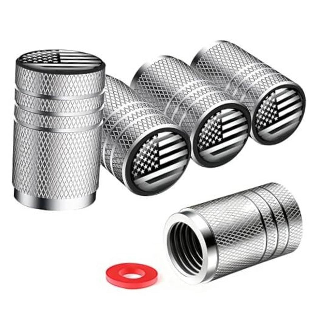 Chrome silver tire valve stem caps, American flag oval tops, set of three