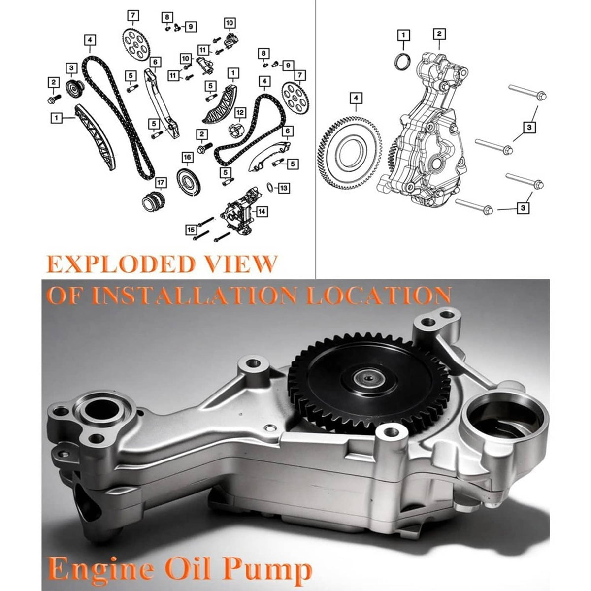 Exploded view of engine oil pump components with gear wheel and multiple small parts