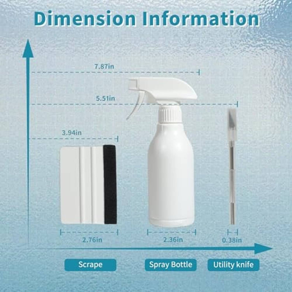 Dimension info for car tint kit: spray bottle, scraper, and utility knife sizes shown