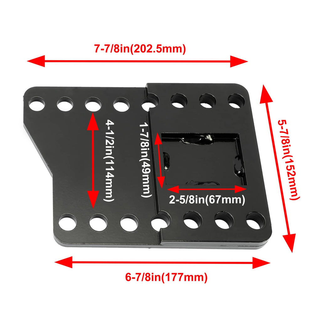 Black steel lift mount bracket with measurement diagram and mounting holes