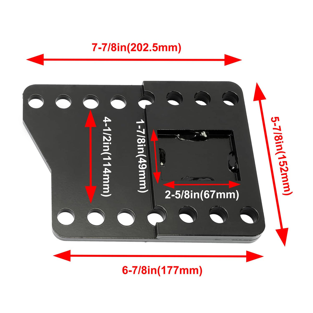 Black steel lift mount bracket with measurement diagram and mounting holes