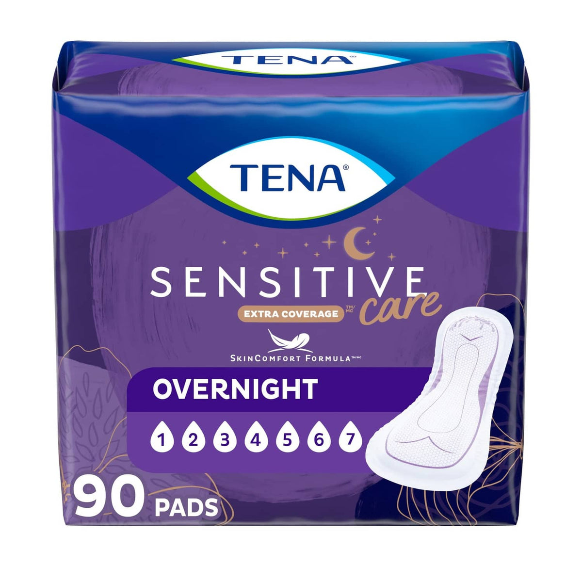 TENA Sensitive Care overnight incontinence pads, 90-count box with absorbent pad icon