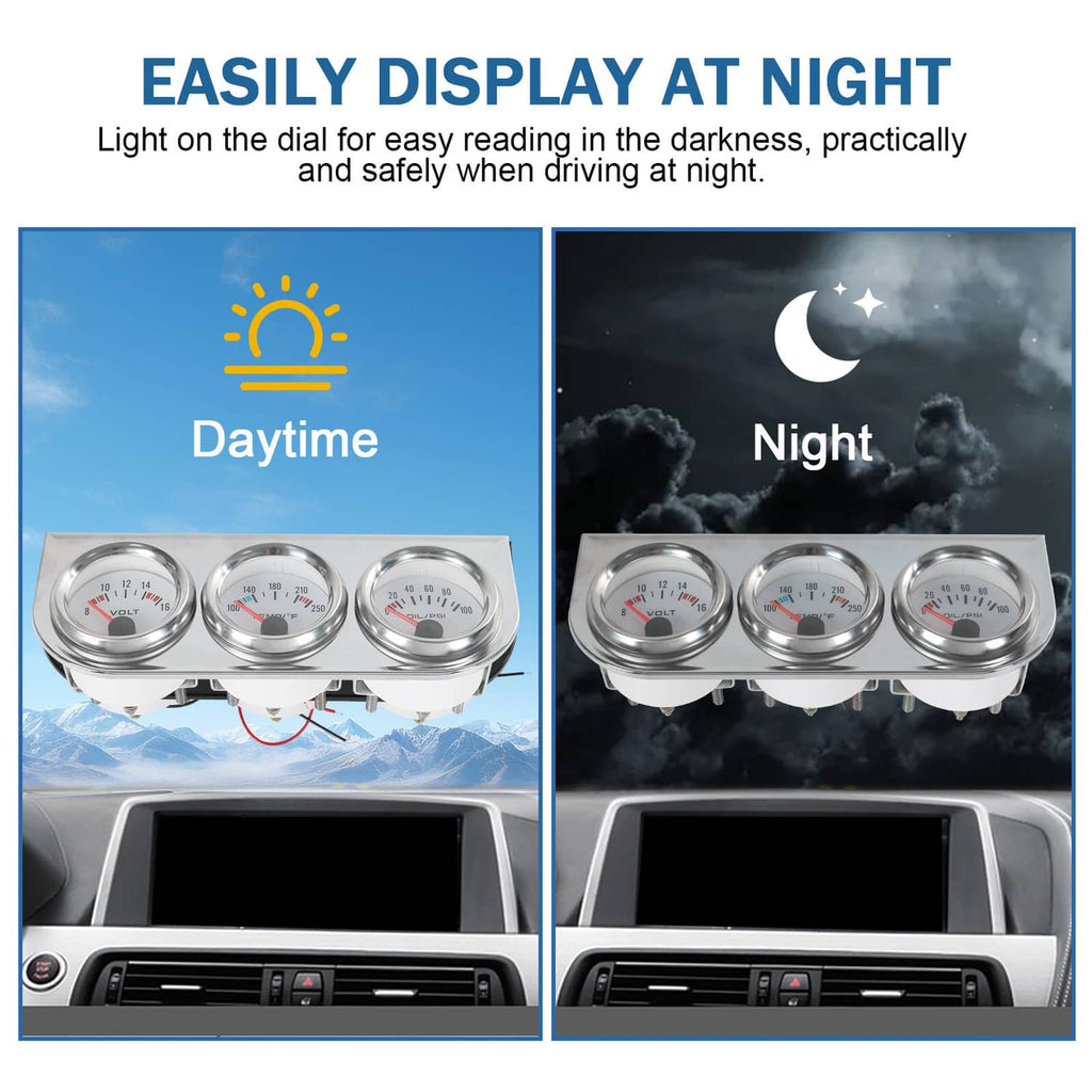 Triple gauge set with three backlit dial views for daytime and night driving