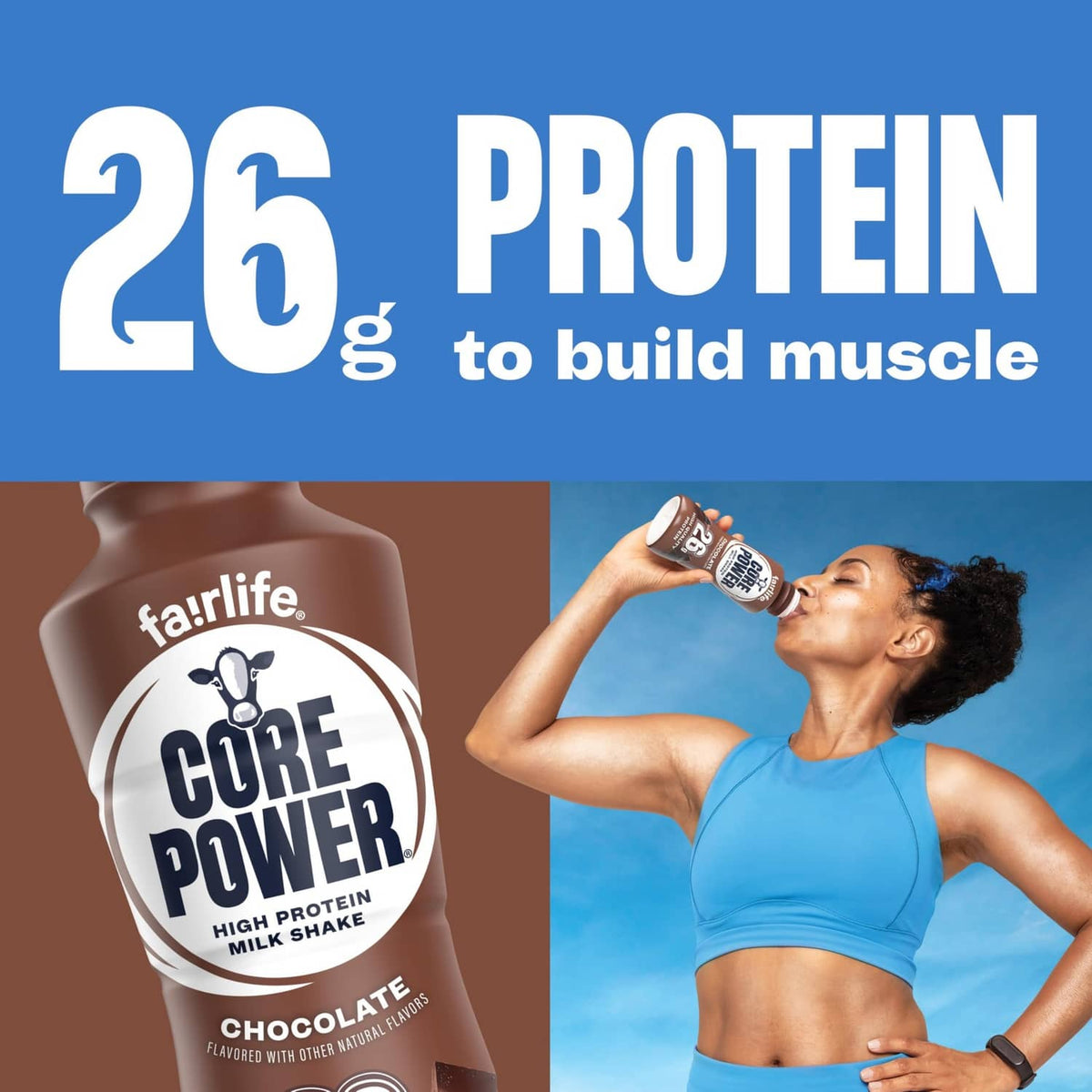 Chocolate protein shake bottle and person drinking from a bottle