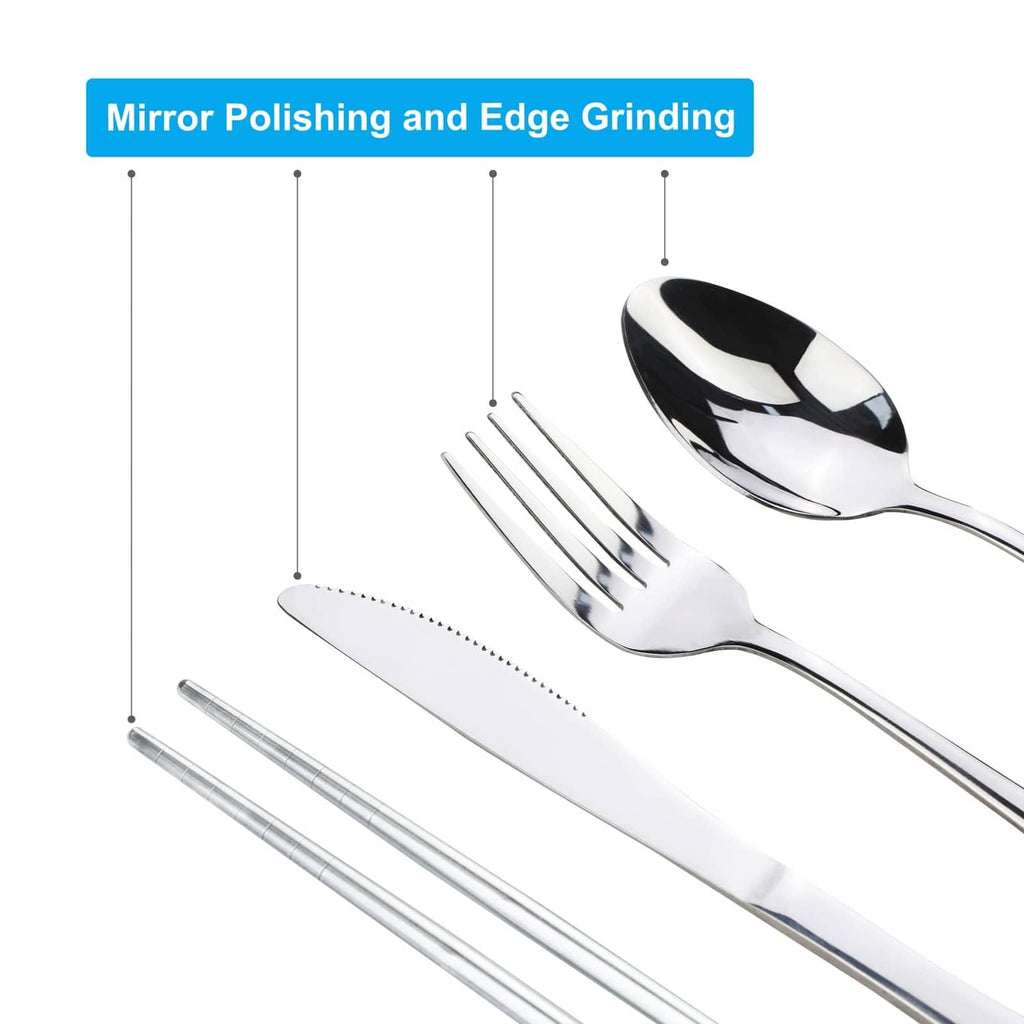 Mirror-polished stainless steel spoon, fork, and knife with edge grinding shown