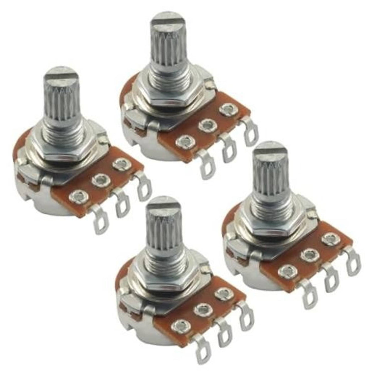 Set of guitar potentiometers with ribbed metal shafts, solder lug terminals, and brown PCB backing