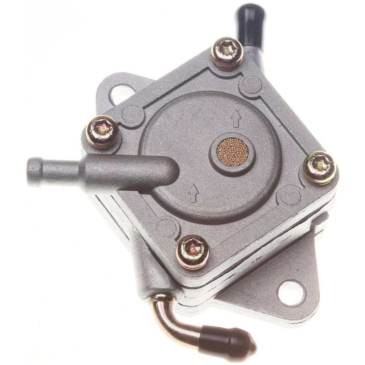 Fuel pump close-up with brass screws, round filter screen, and black hose outlet