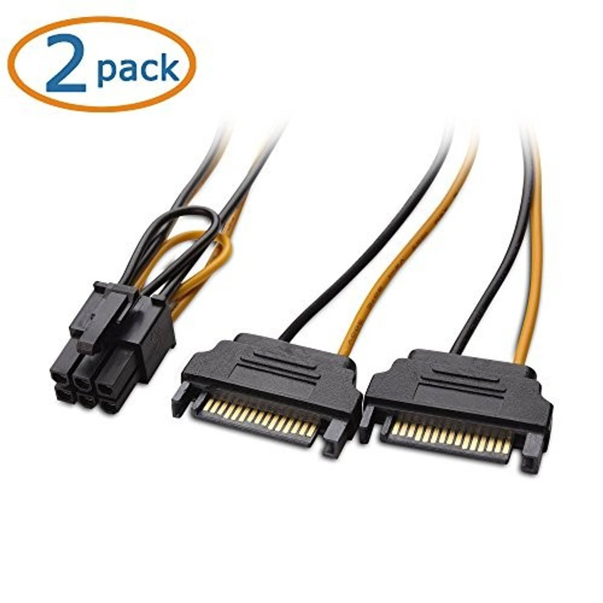 2-pack PCIe 6-pin to dual SATA power cable, two black connectors with orange/black wire leads