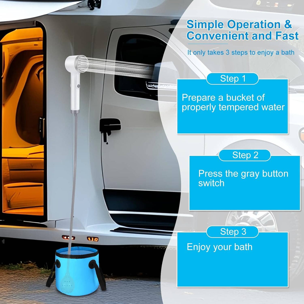 Portable outdoor shower pump with white nozzle and coiled hose for bucket bathing