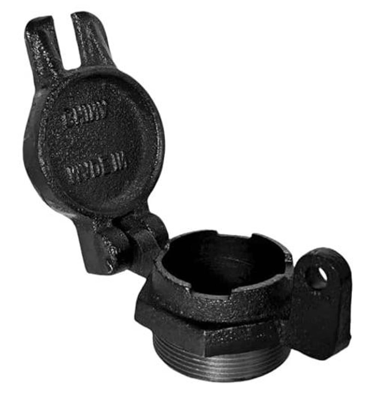 Black vented diesel fuel fill cap with open flip cover and threaded inlet