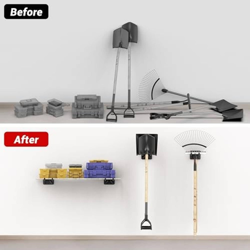Wall-mounted black steel hooks holding tools like shovels and brooms neatly