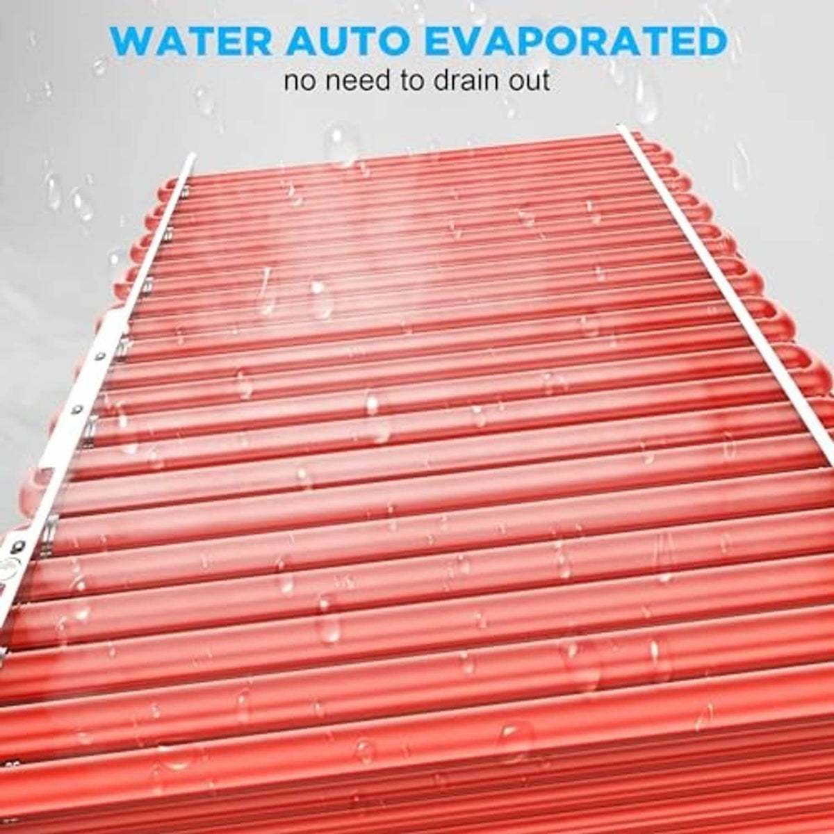 Close-up of red evaporator fins inside a portable air conditioner