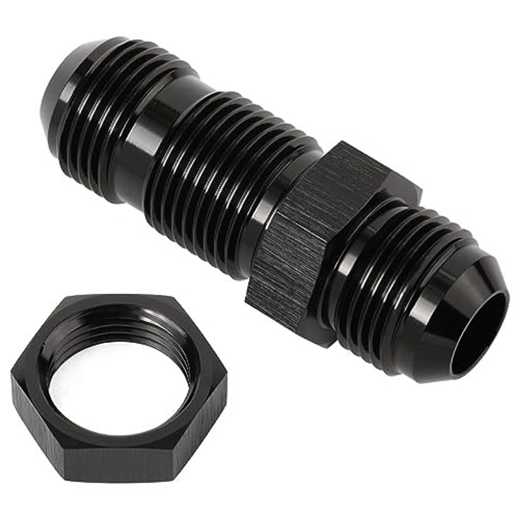 10AN straight bulkhead adapter with hex nut, black anodized aluminum, close view