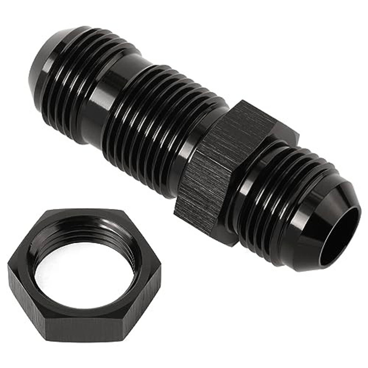 10AN straight bulkhead adapter with hex nut, black anodized aluminum, close view