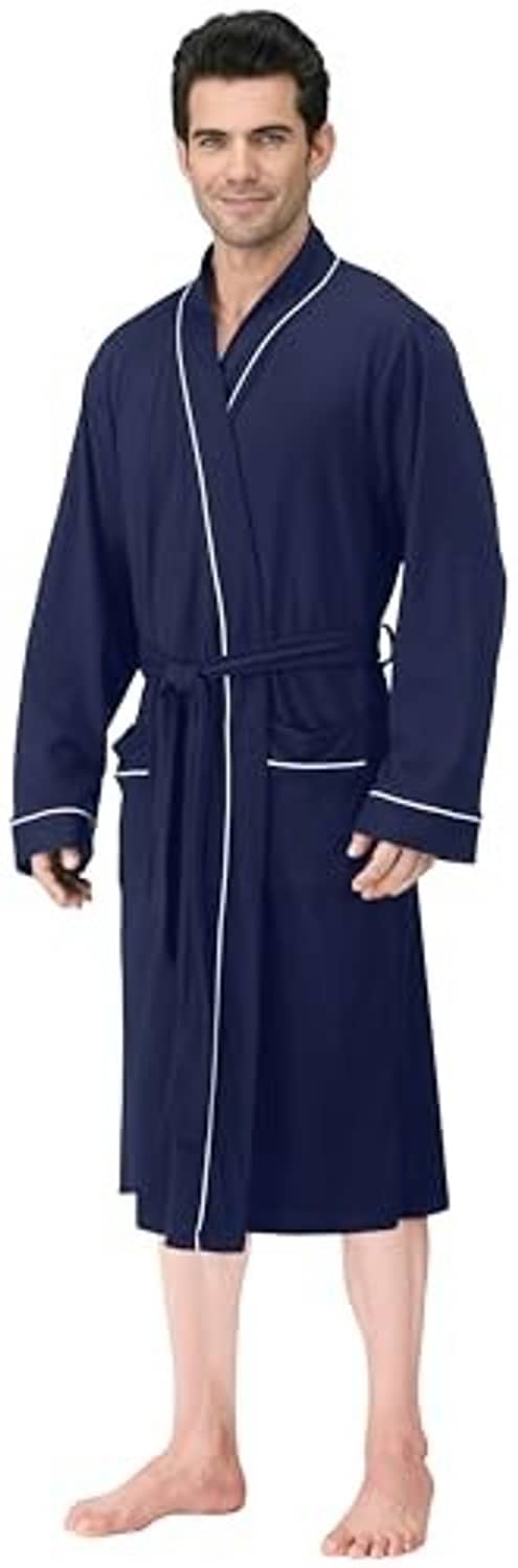Men’s navy knit bathrobe with shawl collar, contrast piping, and belt tie, front view.