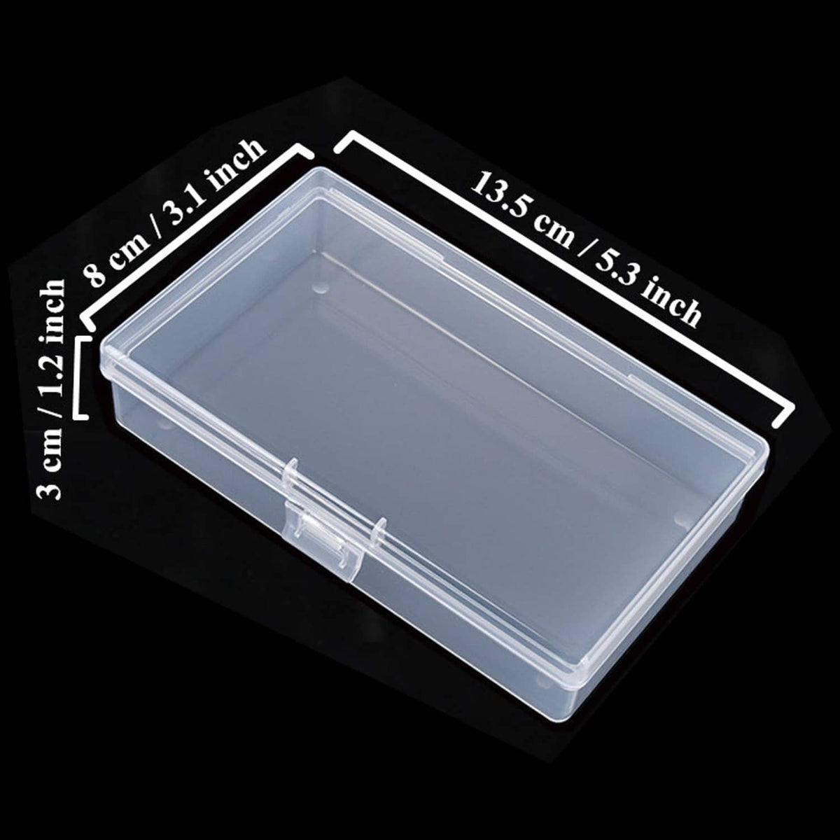 Clear rectangular plastic storage box with hinged-lid and latch, visible inside space
