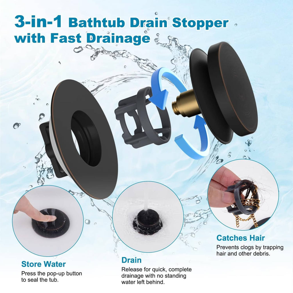 Black and oil-rubbed bronze bathtub drain stopper with push-button cap and filter insert