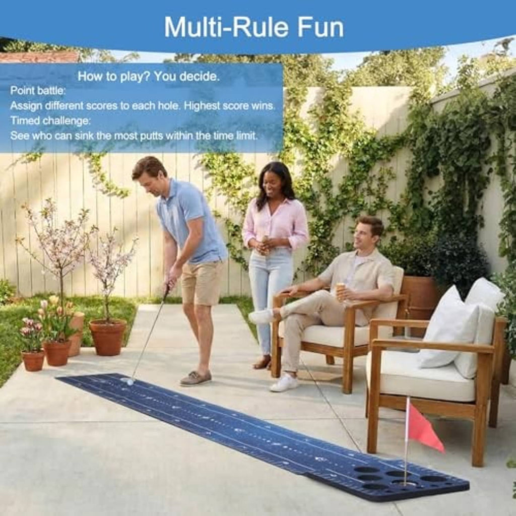 Blue golf putting game mat with flag and circular holes for multi-rule play