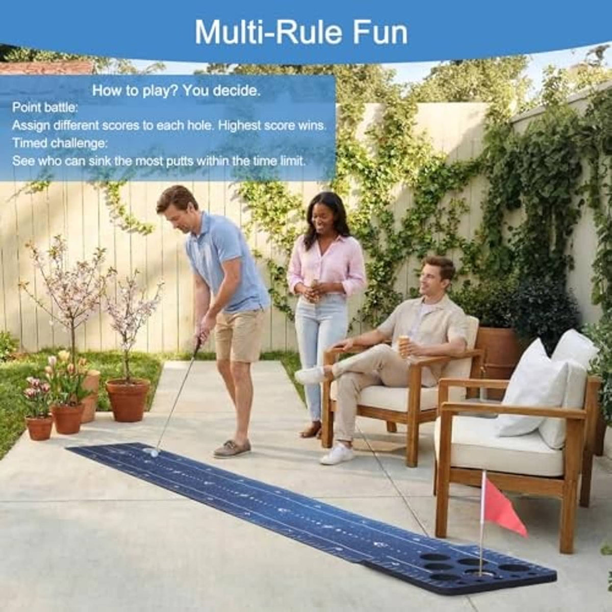 Blue golf putting game mat with flag and circular holes for multi-rule play
